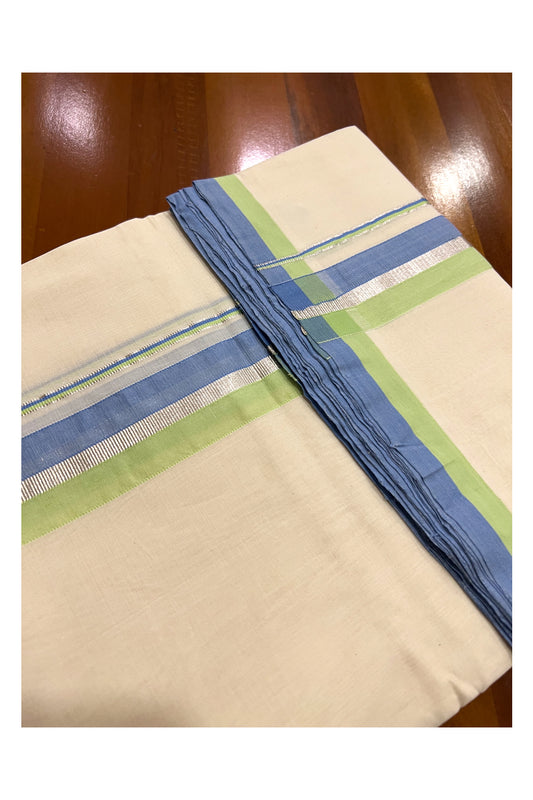 Southloom Super Premium Unakkupaavu Handloom Double Mundu with Blue Light Green and Silver Kasavu Border