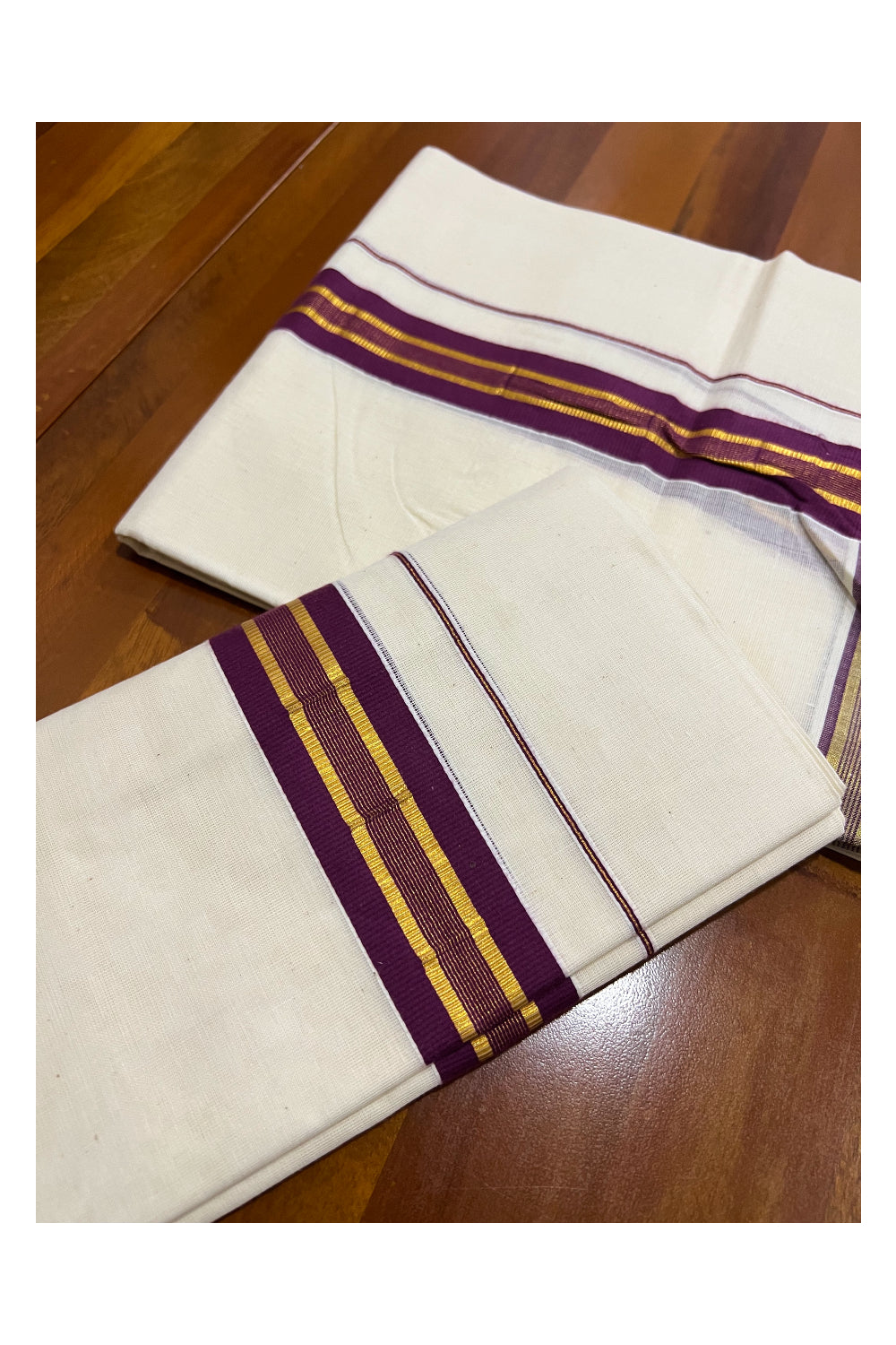 Pure Cotton Kerala Single Set Mundu (Mundum Neriyathum) with Purple and Kasavu Border