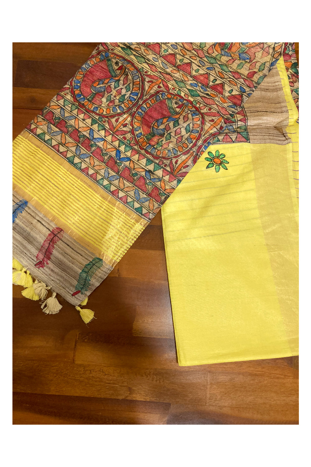 Southloom Soft Silk Yellow Saree with Multi-Coloured Art Works on Pallu