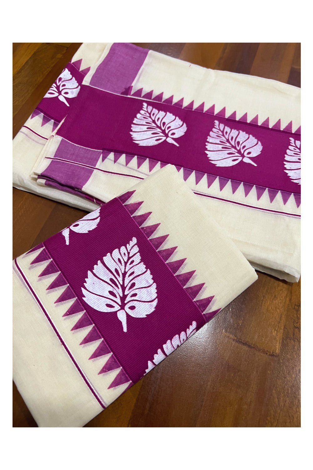 Pure Cotton Kerala Set Mundu (Mundum Neriyathum) with White Leaf Block Prints on Magenta Temple Border