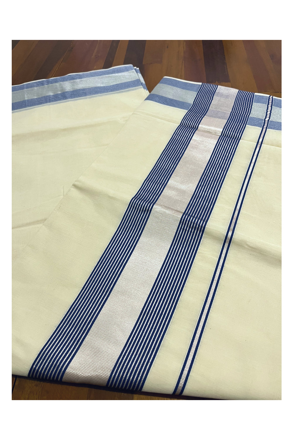 Pure Cotton Kerala Saree with Silver Kasavu and Blue Line Border