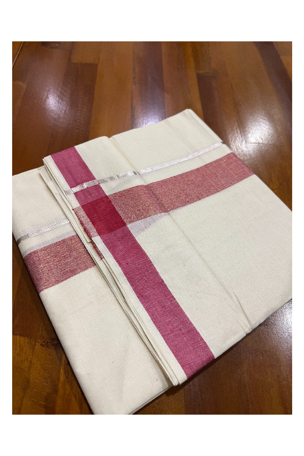 Pure Cotton Off White Double Mundu with Dark Red and Silver Kasavu Border (South Indian Dhoti)