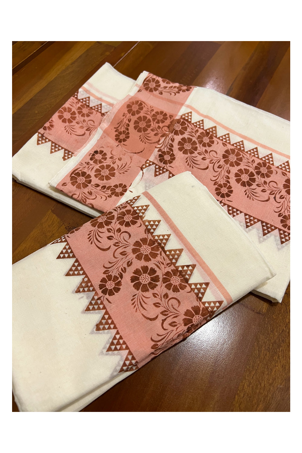 Kerala Cotton Set Mundu (Mundum Neriyathum) with Light Brown Floral Temple Block Prints on Peach Border