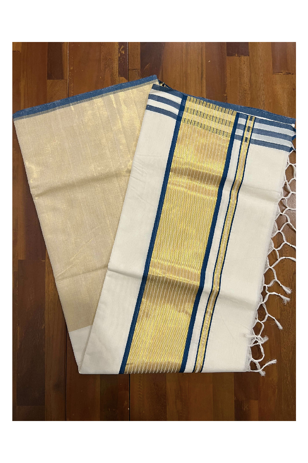 Southloom™ Balaramapuram Handloom Half & Half (Cotton / Tissue) Kerala Saree with Teal Blue and Kasavu Border