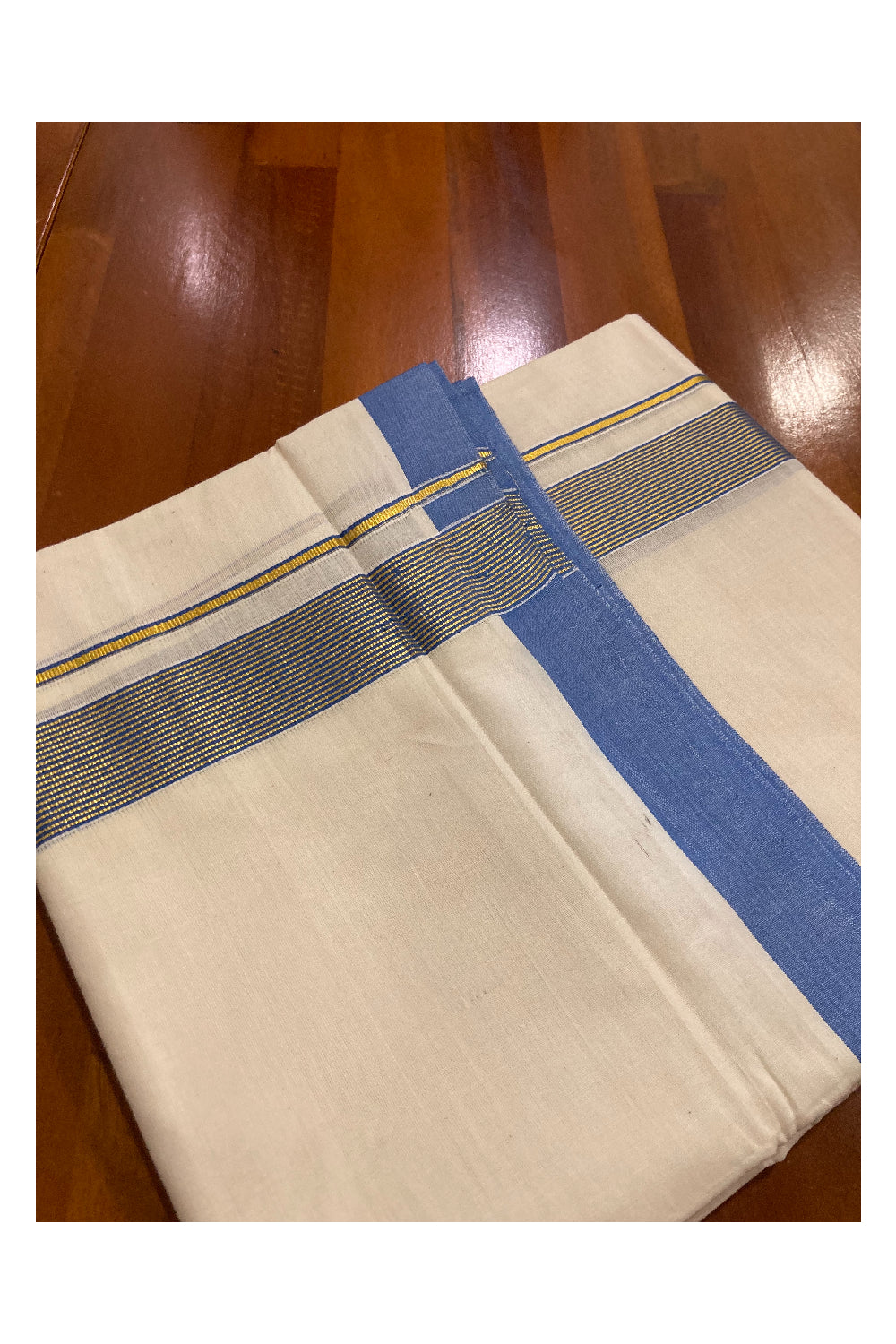 Off White Kerala Double Mundu with Kasavu and Blue Line Border (South Indian Dhoti)