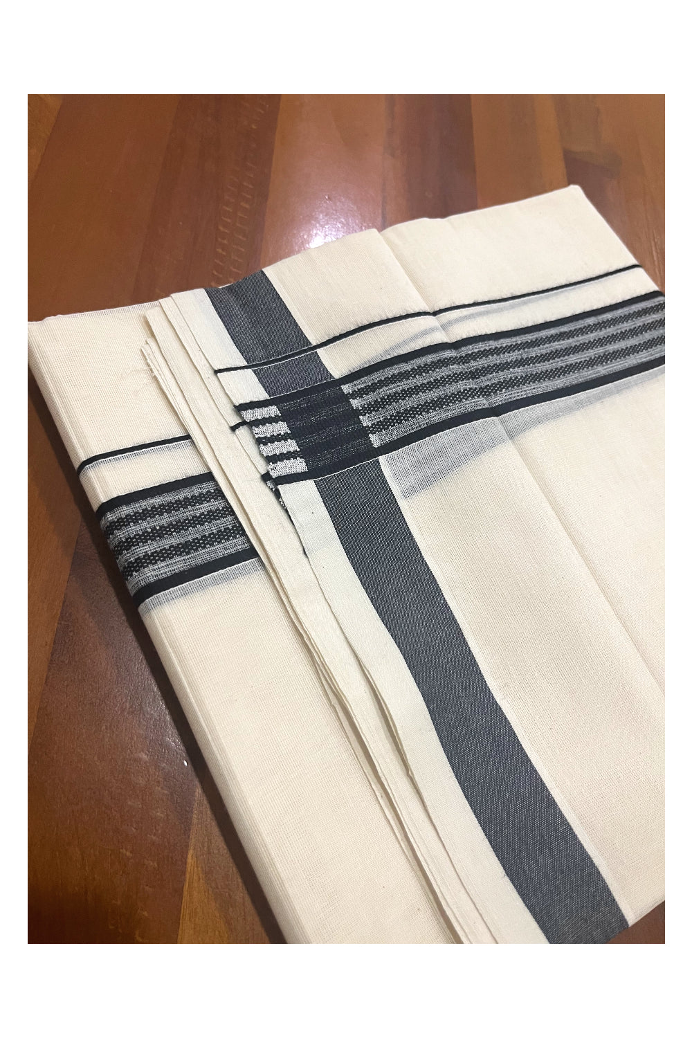 Pure Cotton Off White Double Mundu with Black Border (South Indian Dhoti)