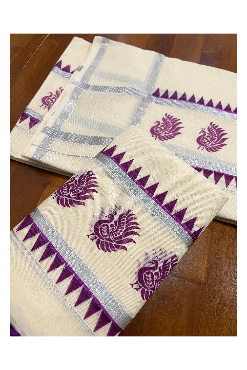 Kerala Cotton Set Mundu (Mundum Neriyathum) with Silver Kasavu Magenta Peacock Temple Block Prints and Tassels Border