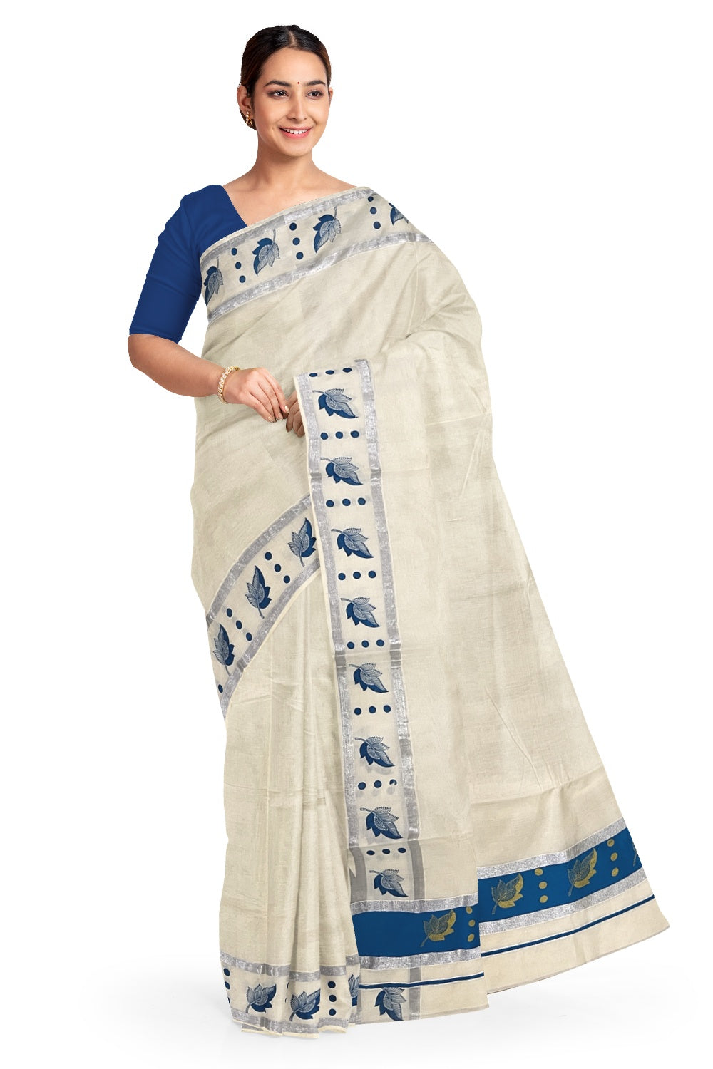 Pure Cotton Kerala Saree with Golden Leaf Block Prints on Silver Kasavu and Blue Pallu