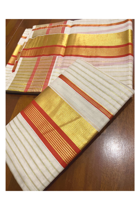 Kerala Cotton Set Mundu (Mundum Neriyathum) with Kasavu Lines on Body and Orange Border 2.80 Mtrs