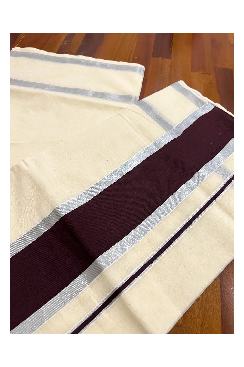 Pure Cotton Kerala Plain Saree with Silver Kasavu and Dark Brown Pallu