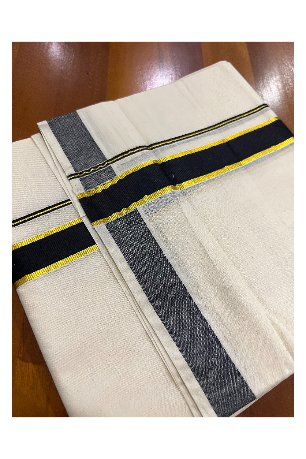 Off White Pure Cotton Double Mundu with Kasavu and Black Kara (South Indian Dhoti)