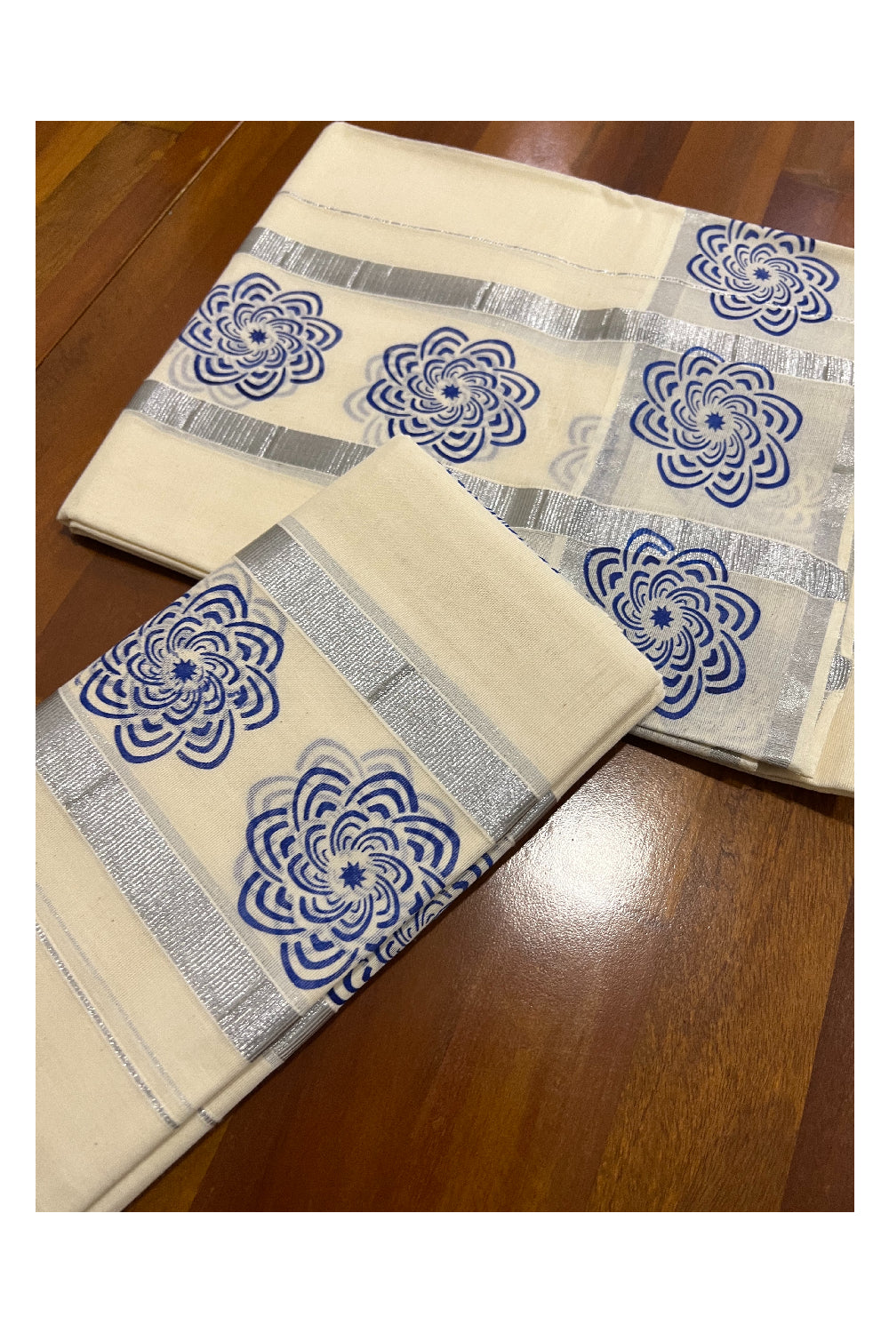Kerala Cotton Silver Kasavu Set Mundu (Mundum Neriyathum) with Blue Floral Block Print Border