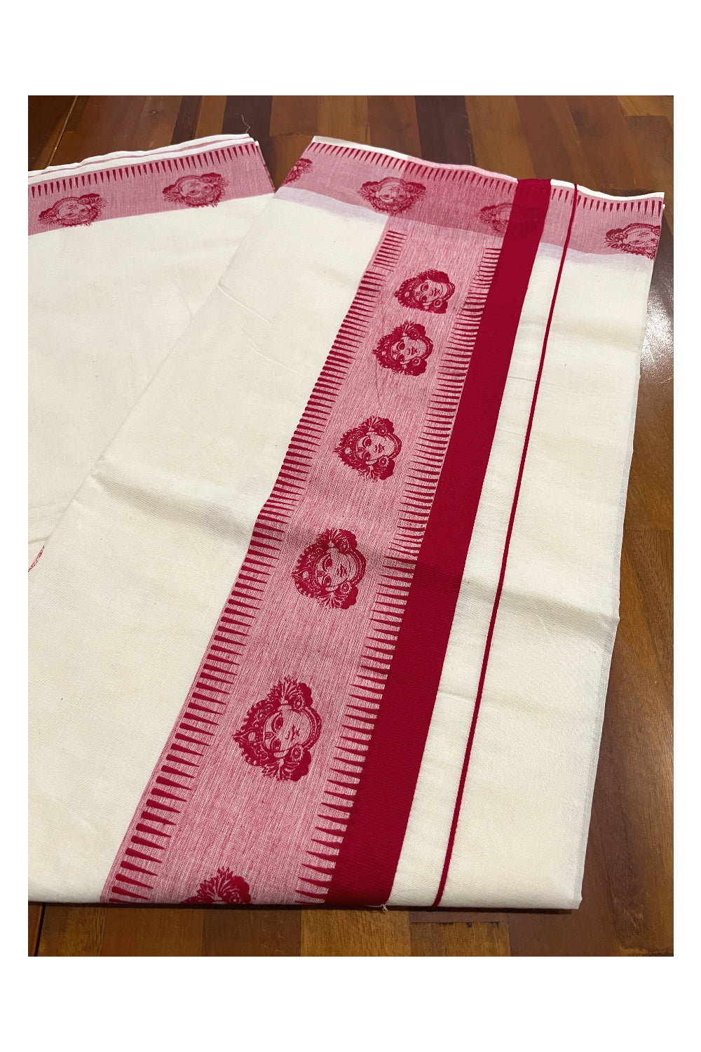 Pure Cotton Kerala Saree with Red Krishna Block Printed Border (Onam Saree 2023)