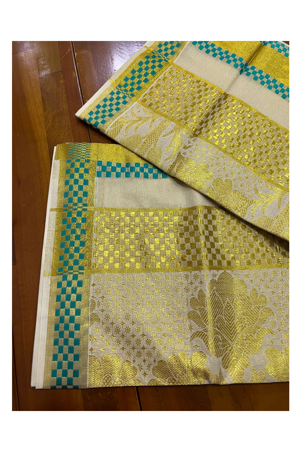 Pure Cotton Kerala Saree with Kasavu Woven Floral Patterns on Body and Turquoise Golden Border