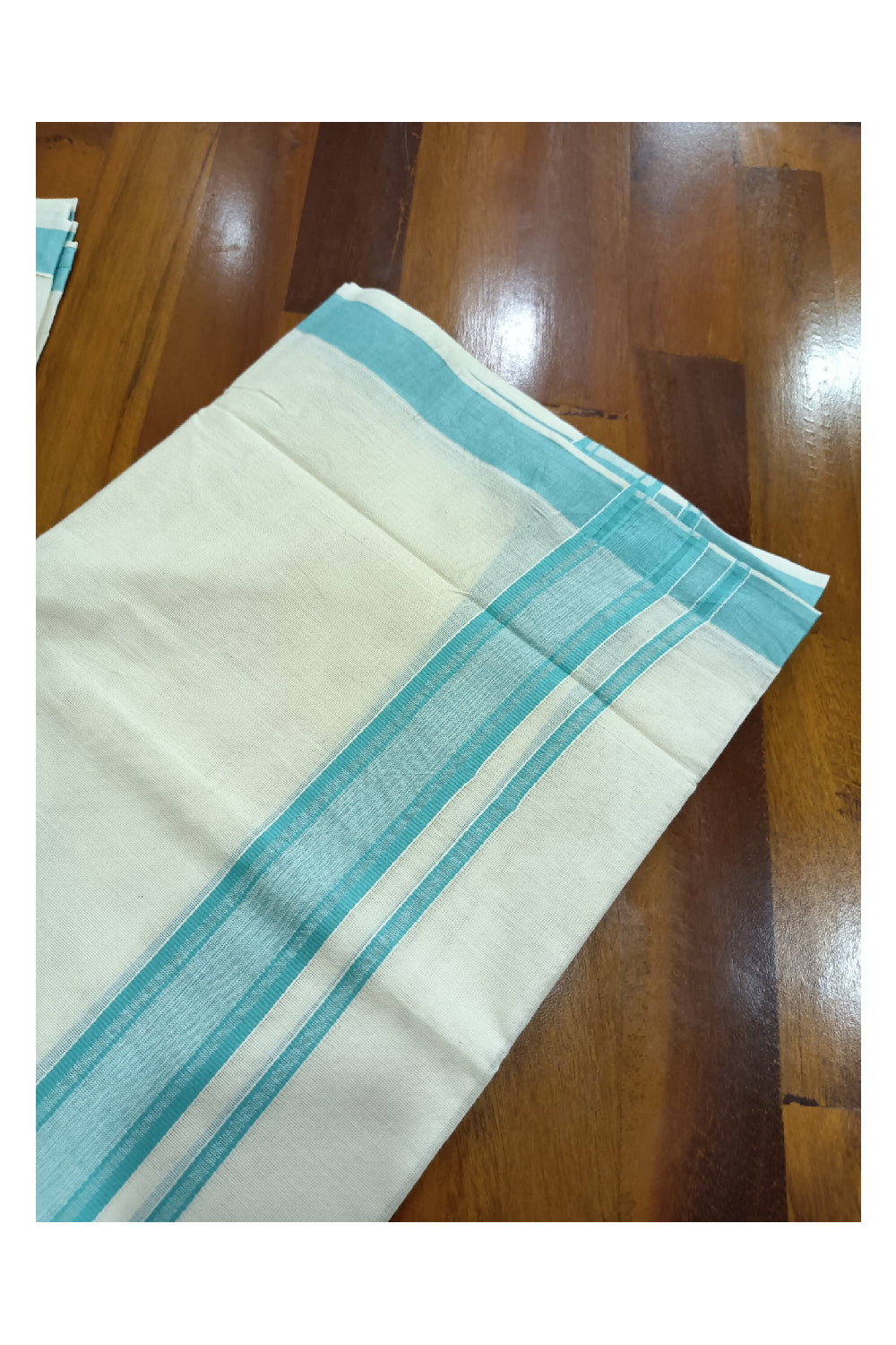 Off White Kerala Double Mundu with Turquoise Kara (South Indian Dhoti)