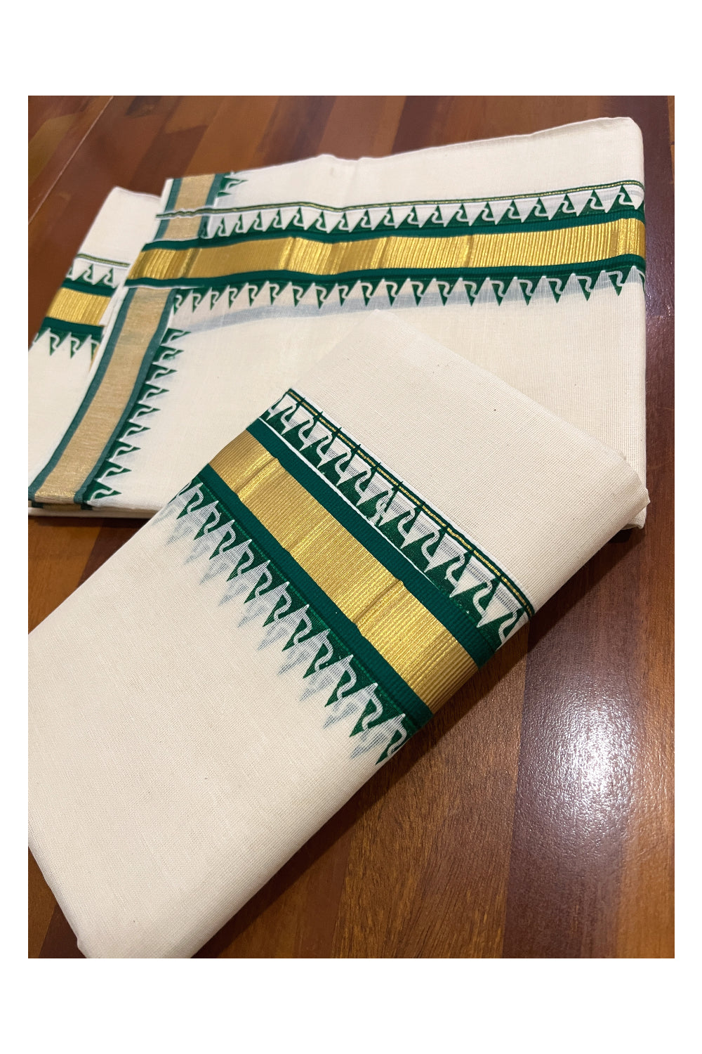 Pure Cotton Kasavu Single Set Mundu (Mundum Neriyathum) with Green Temple Border 2.80 Mtrs (Onam 2024 Collection)