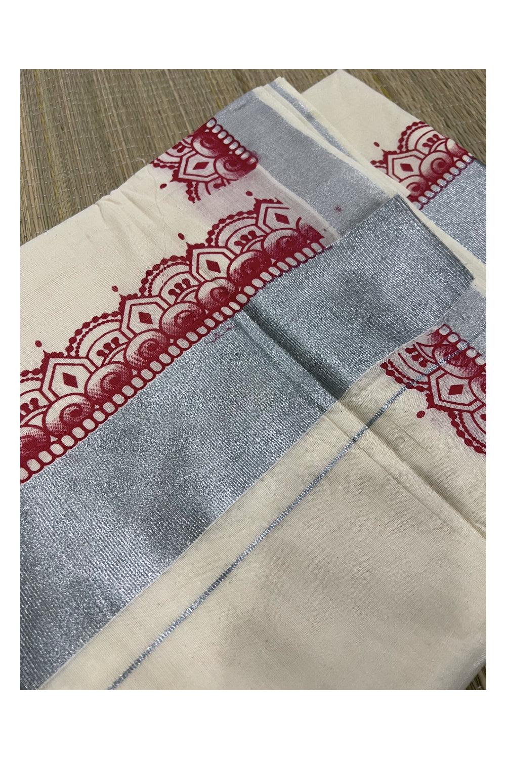 Pure Cotton Off White Kerala Silver Kasavu Saree with Red Block Print along Borders