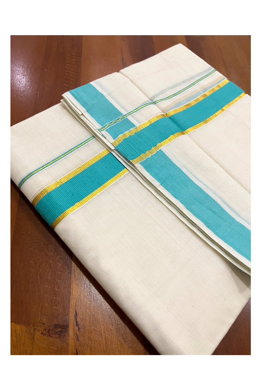 Pure Cotton Double Mundu with Kasavu Turquoise Kara (South Indian Kerala Dhoti)