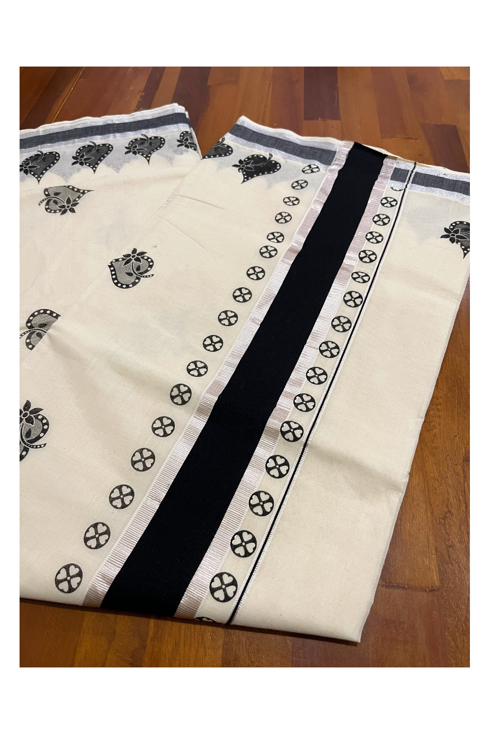 Pure Cotton Kerala Saree with Black Leaf Block Prints and Silver Kasavu Border (Vishu Saree 2023)