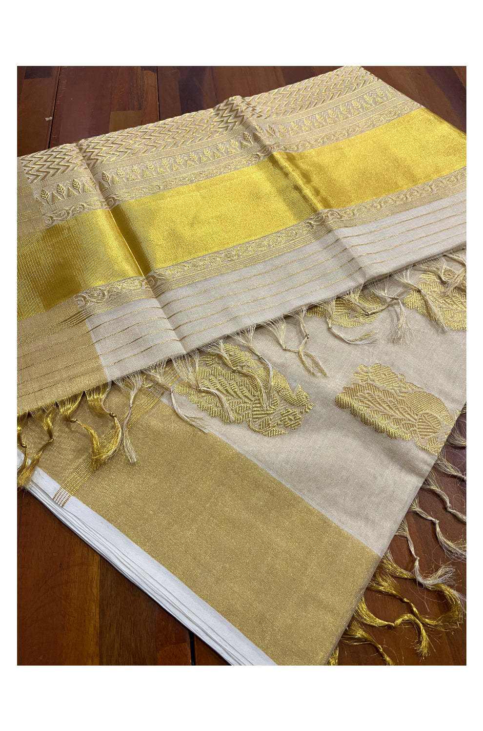 Southloom Premium Handloom Tissue Kerala Saree with Kasavu Heavy Woven Works