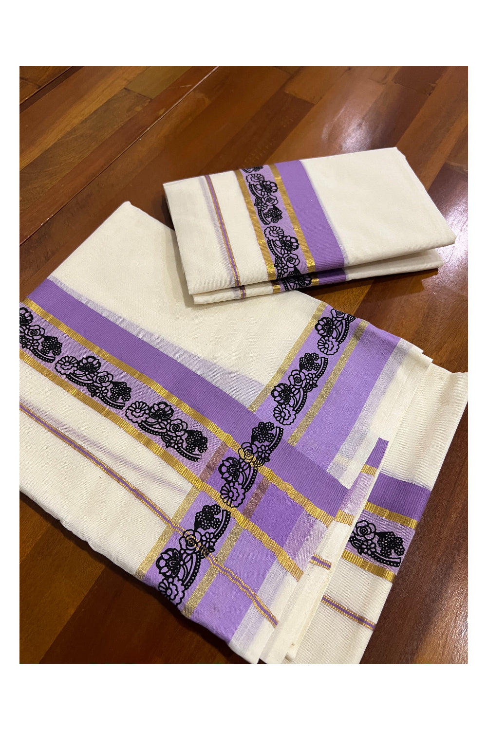 Kerala Cotton Kasavu Set Mundu (Mundum Neriyathum) with Black Floral Block Prints in Violet Border