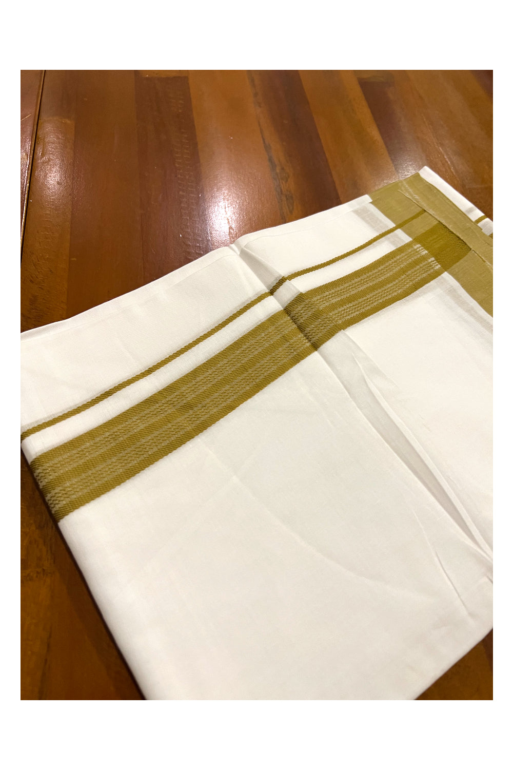 Pure White Cotton Double Mundu with Olive Green Border (South Indian Dhoti)