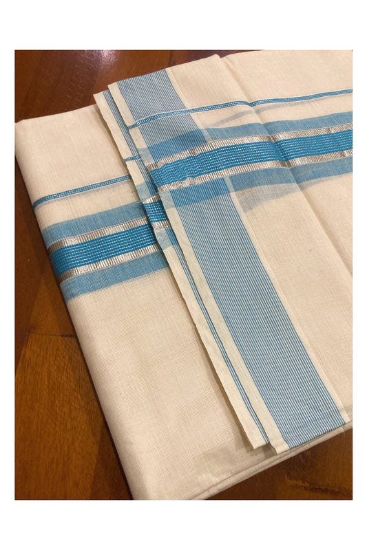 Off White Pure Cotton Double Mundu with Silver Kasavu and Blue Border (South Indian Dhoti)