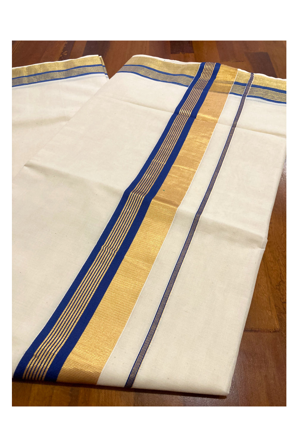 Kerala Pure Cotton Plain Saree with Kasavu and Blue Border