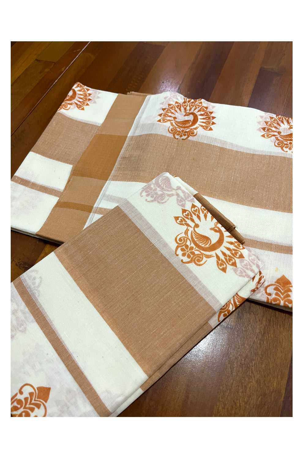 Pure Cotton Single Set Mundu (Mundum Neriyathum Vishu 2023) with Brown Block Prints and Border