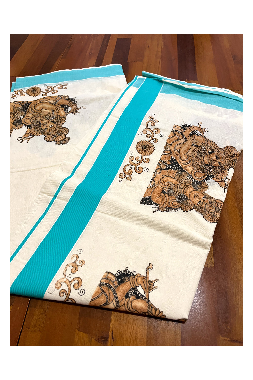 Kerala Pure Cotton Saree with Brown Krishna Radha Prints and Turquoise Border