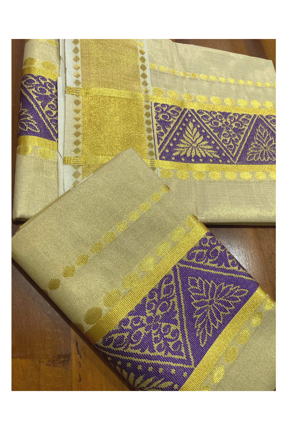 Kerala Tissue Kasavu Set Mundu (Mundum Neriyathum) with Violet Thread Work on Border 2.80 Mtrs