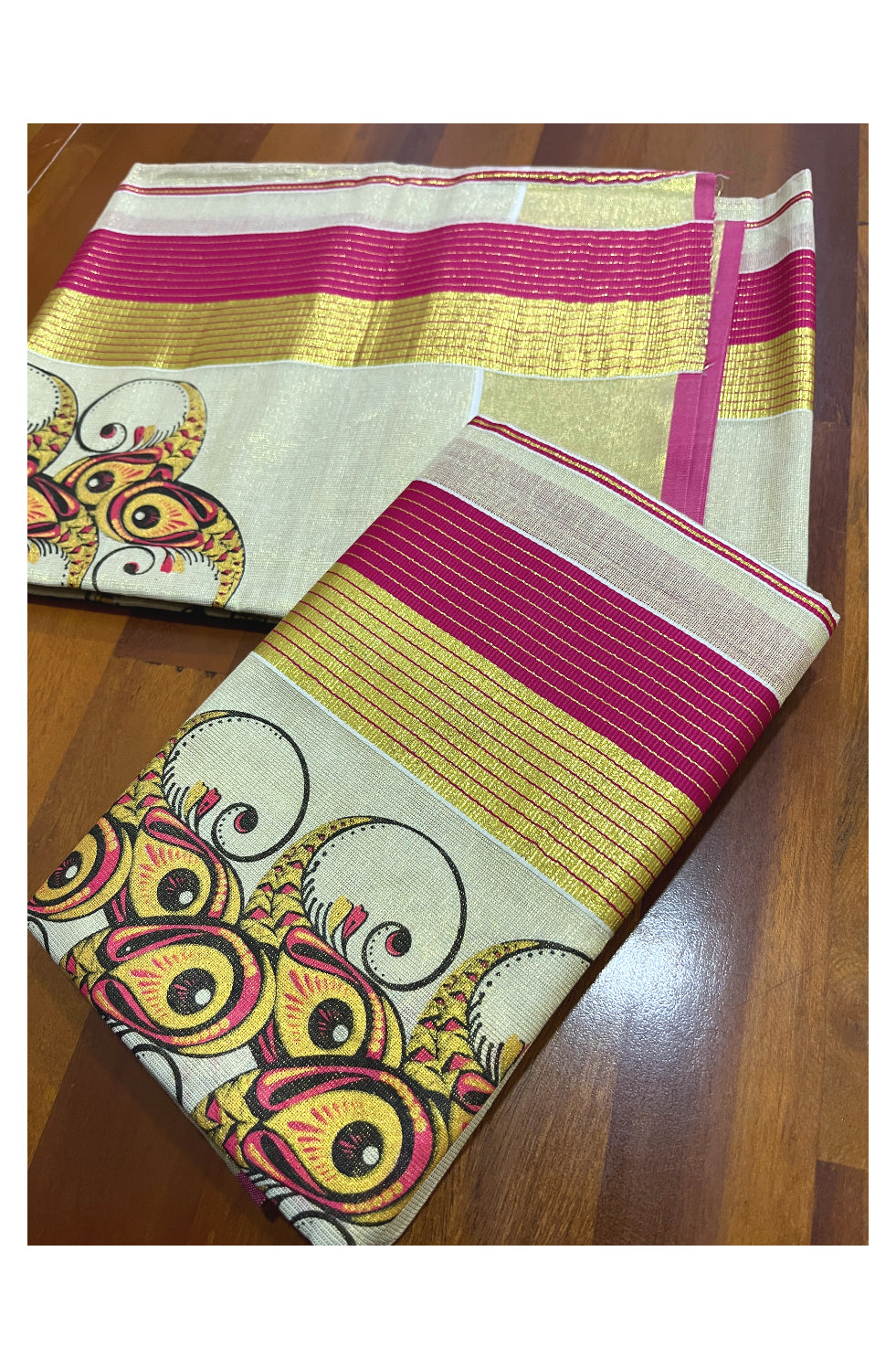 Kerala Tissue Set Mundu (Mundum Neriyathum) with Block Prints on Magenta and Kasavu Border 2.80 Mtrs