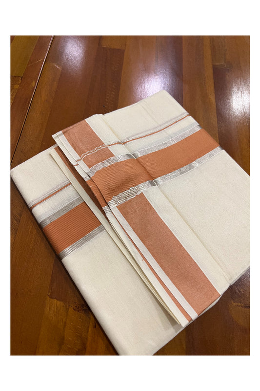 Off White Kerala Double Mundu with Silver Kasavu and Dark Orange Border (South Indian Dhoti)