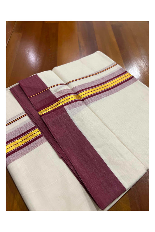 Off White Kerala Double Mundu with Kasavu and Maroon Border (South Indian Dhoti)