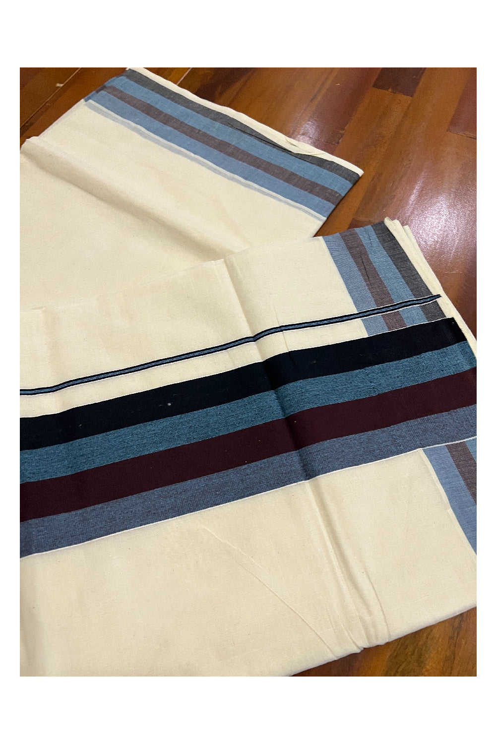 Kerala Cotton Saree with Dark Brown and Black Lines Border Design