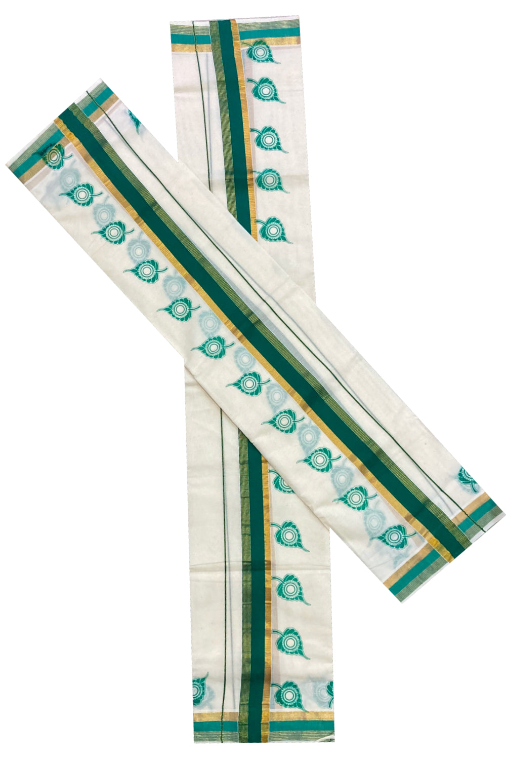 Pure Cotton Kasavu Set Mundu (Mundum Neriyathum) with Green Leaf Block Prints on Border