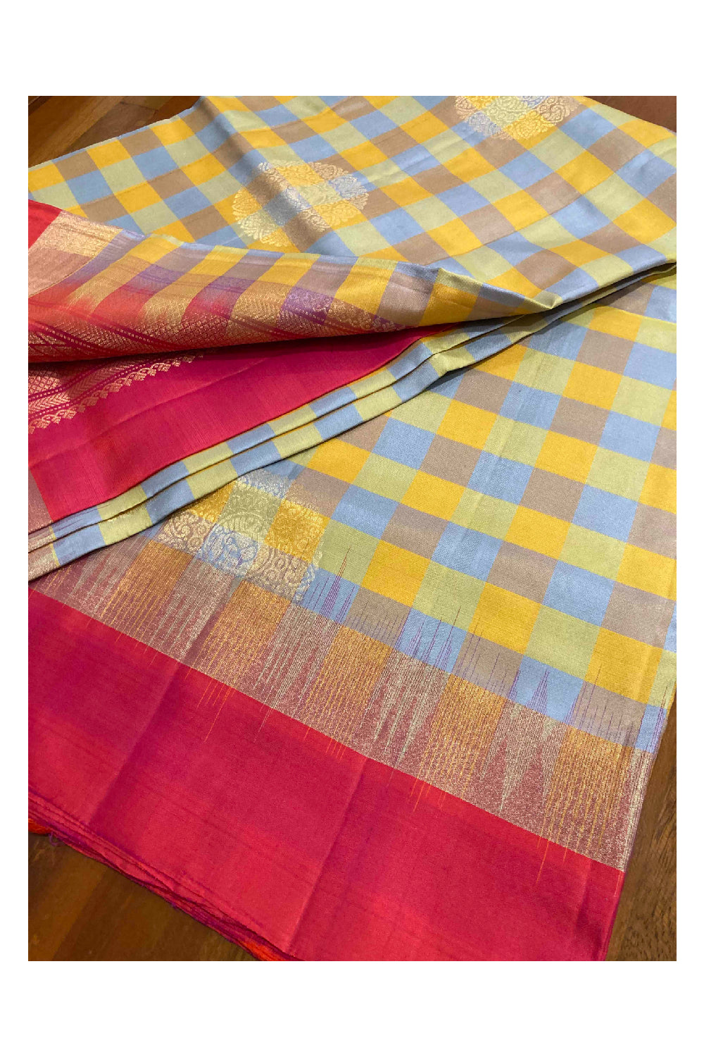Southloom Handloom Pure Silk Kanchipuram Saree in Yellow Blue Checkered and Floral Motifs