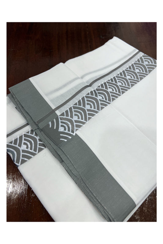 Pure White Cotton Double Mundu with Grey Block Printed Border (South Indian Dhoti)