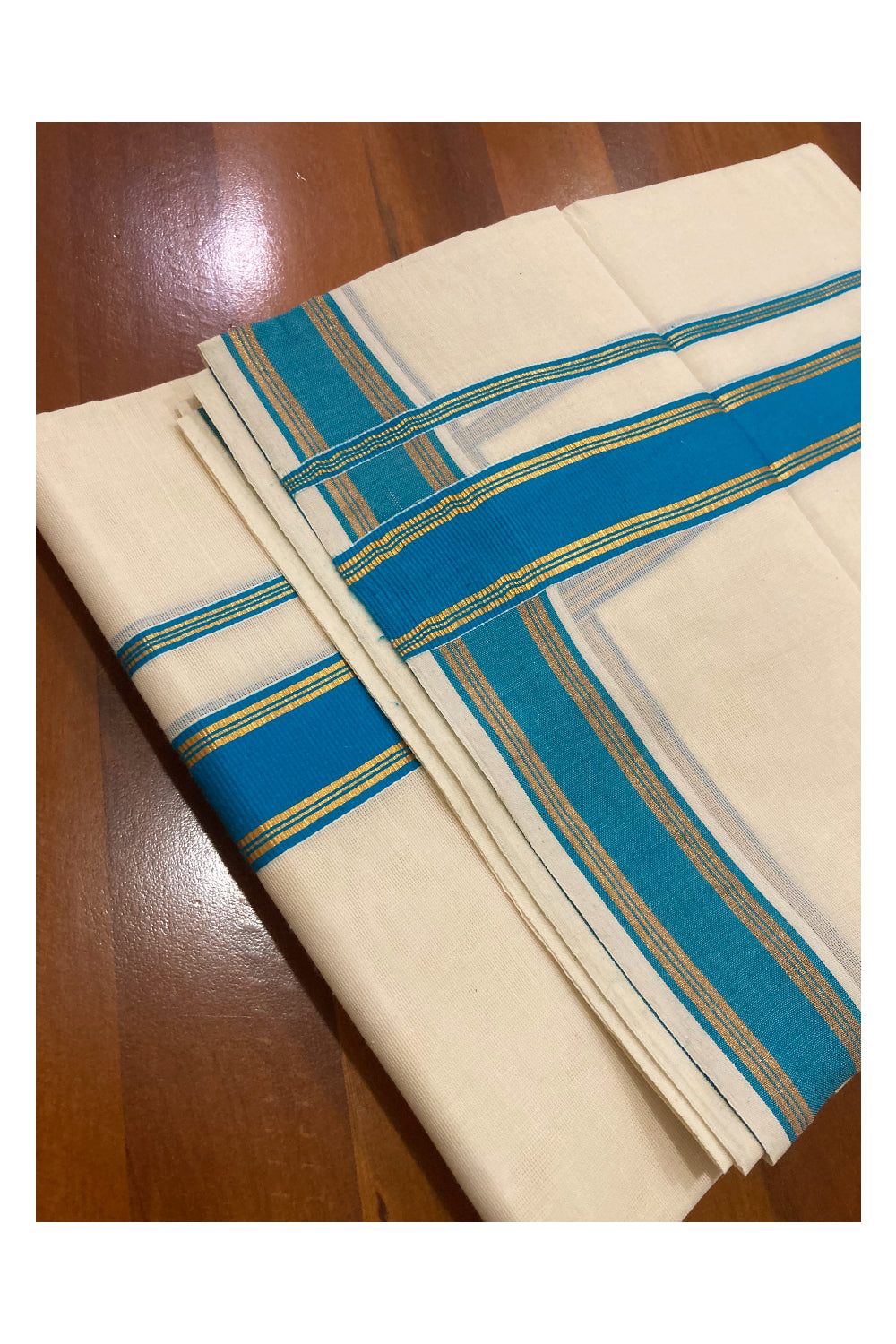 Off White Kerala Double Mundu with Kasavu and Blue Border (South Indian Dhoti)