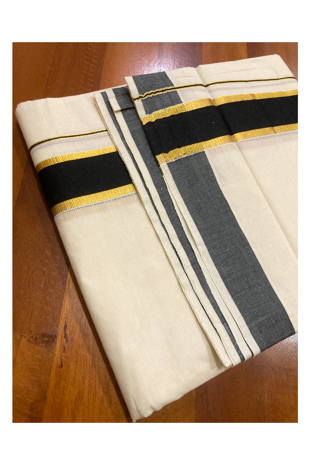 Pure Cotton Double Mundu with Black and Kasavu Border (South Indian Dhoti)