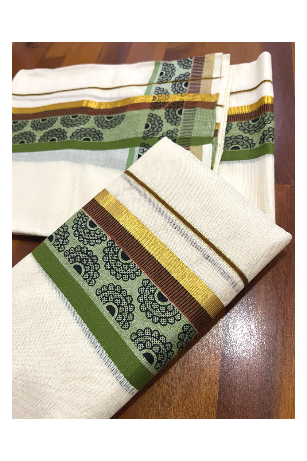 Kerala Cotton Single Kasavu Set Mundu (Mundum Neriyathum) with Block Prints on Green Brown Border