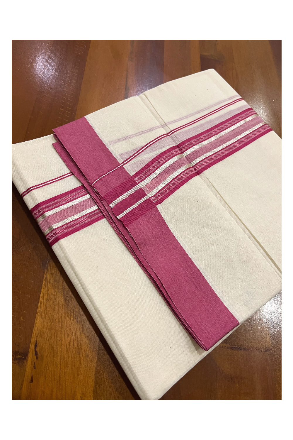 Pure Cotton Off White Double Mundu with Magenta and Silver Kara (South Indian Dhoti)