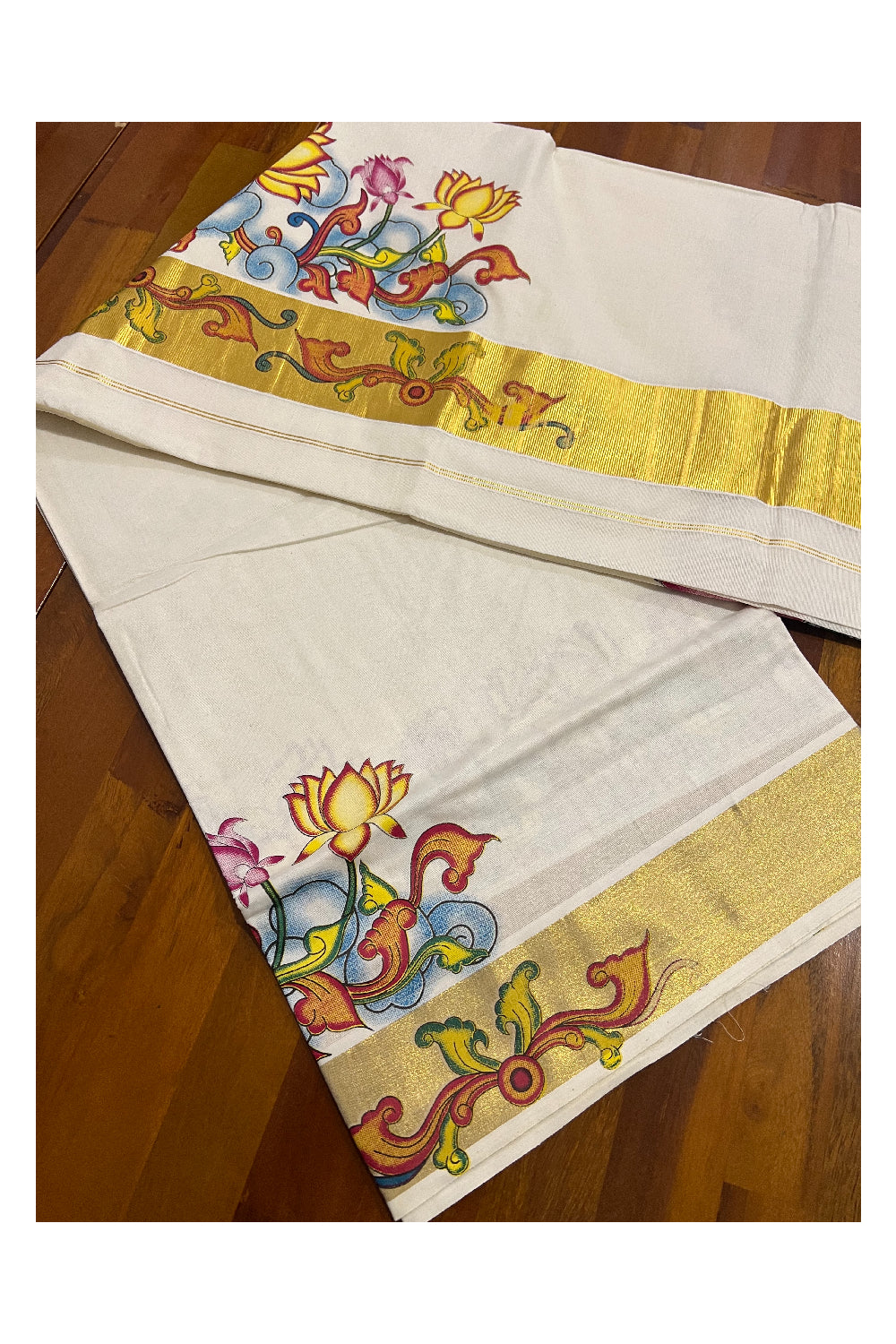 Pure Cotton Kerala Kasavu Saree with Mural Printed Lotus Art Design