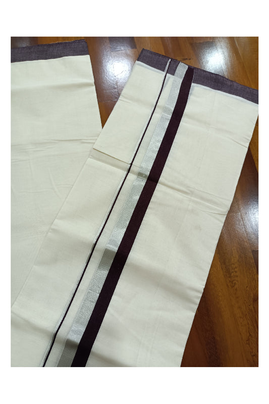 Off White Kerala Double Mundu with Silver Kasavu and Dark Brown Kara (South Indian Dhoti)