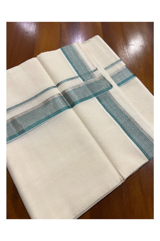 Southloom Balaramapuram Handloom Pure Cotton Mundu with Silver and Turquoise Kasavu Border (South Indian Dhoti)