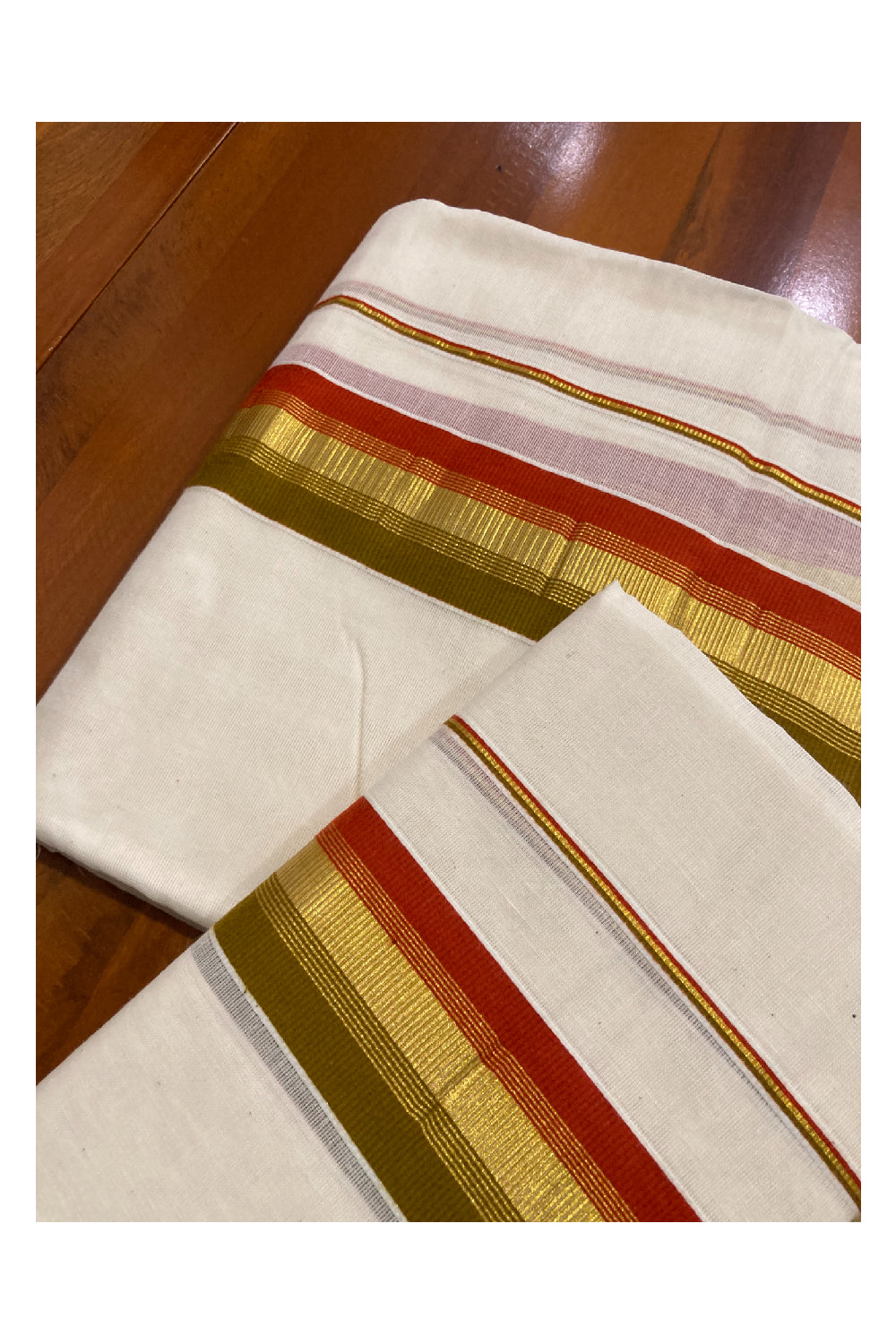 Kerala Cotton Mundum Neriyathum Double (Set Mundu) with Olive Green Red and Kasavu Border