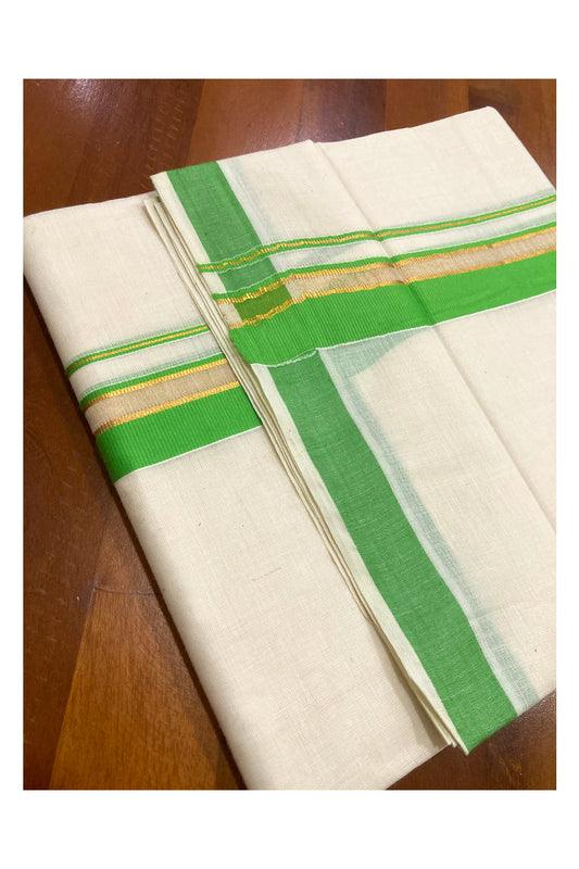 Pure Cotton Double Mundu with Green and Kasavu Border (South Indian Dhoti)