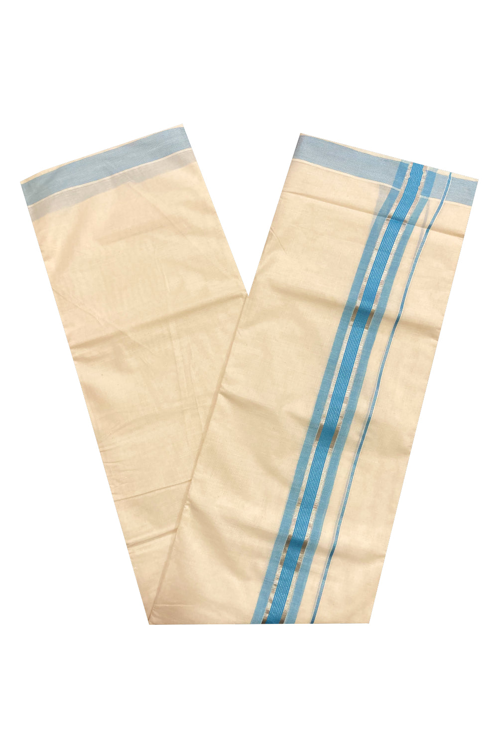 Off White Pure Cotton Double Mundu with Silver Kasavu and Blue Border (South Indian Dhoti)