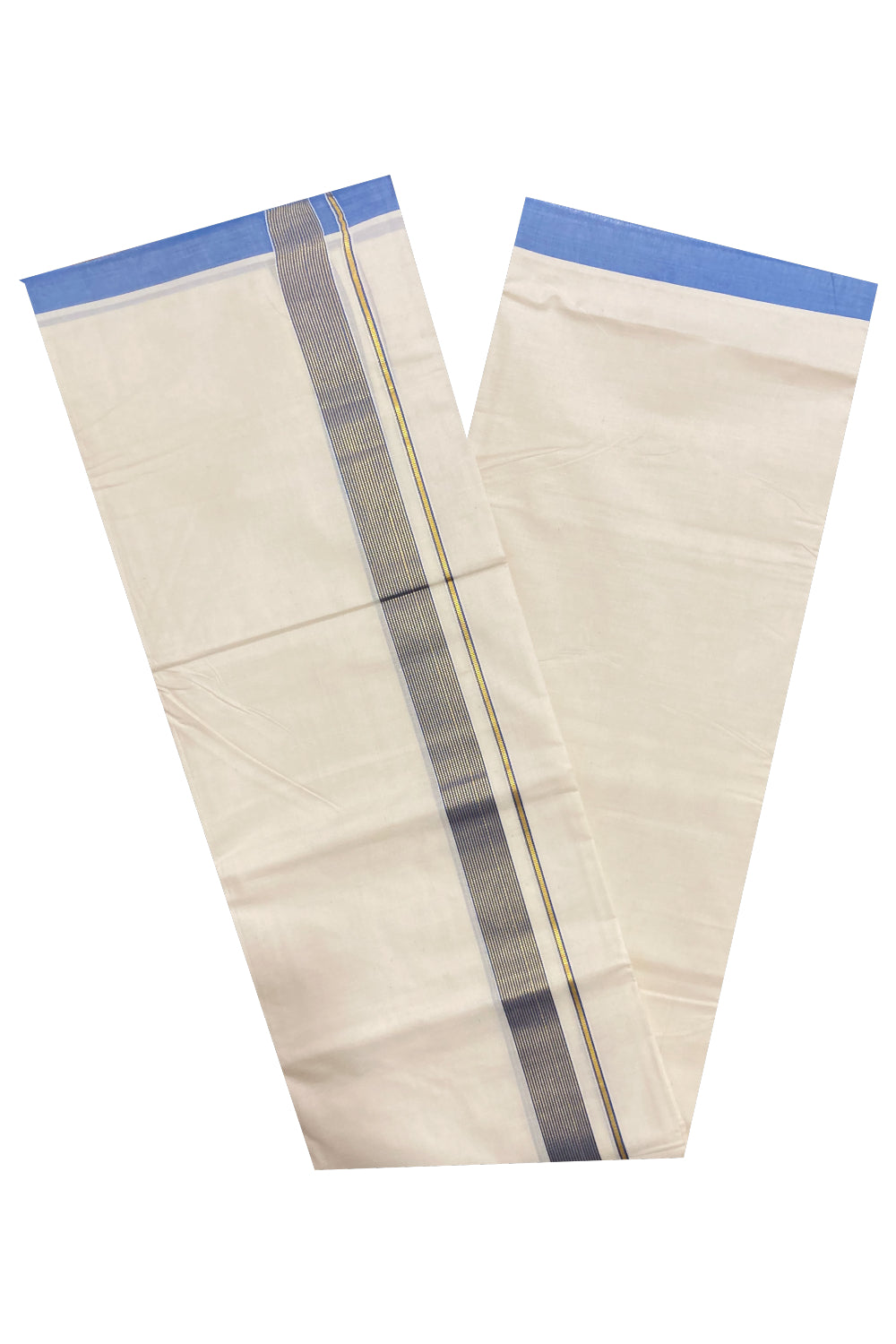 Off White Kerala Double Mundu with Kasavu and Blue Line Border (South Indian Dhoti)