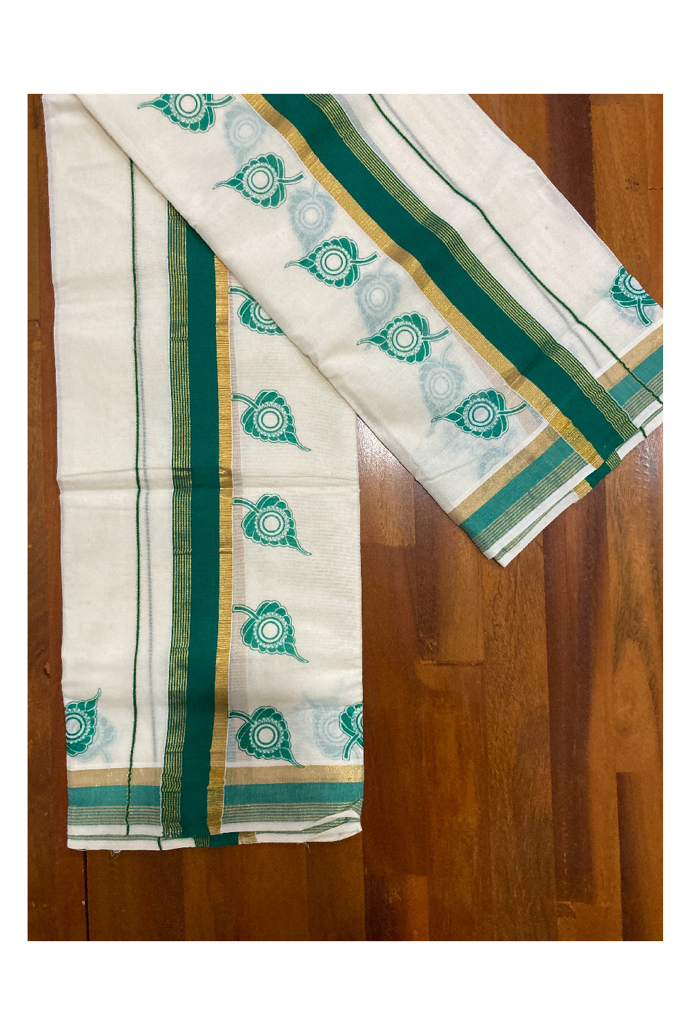 Pure Cotton Kasavu Set Mundu (Mundum Neriyathum) with Green Leaf Block Prints on Border